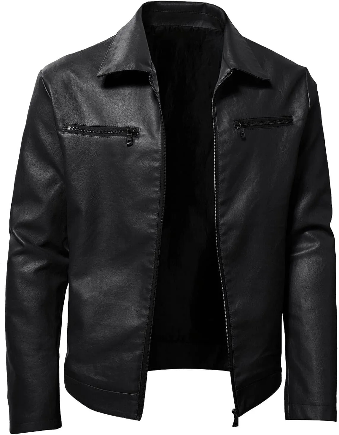 Leather Motorcycle Jacket Casual Solid Color Zipper Pocket Leather Jacket Coat Mens Winter Jackets Textile
