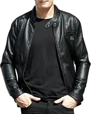 Leather Motorcycle Jacket Casual Solid Color Zipper Pocket Leather Jacket Coat Mens Winter Jackets Textile