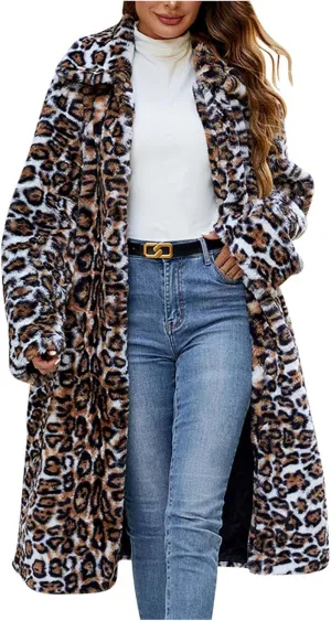 Leopard Print Cardigan for Women Winter Luxury Faux Fur Warm Coats Open Front Long Sleeve Dressy Shaggy Jackets