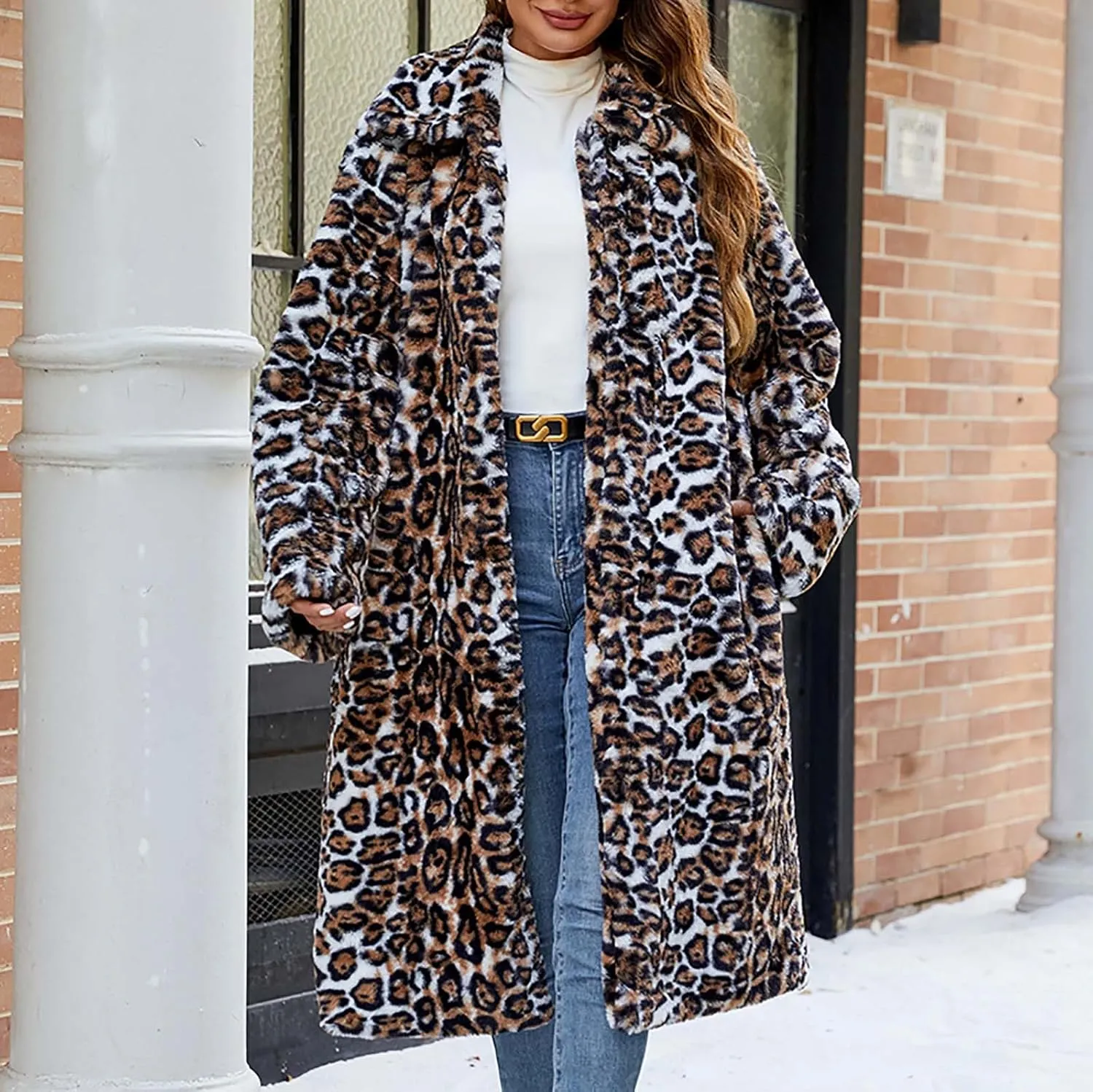 Leopard Print Cardigan for Women Winter Luxury Faux Fur Warm Coats Open Front Long Sleeve Dressy Shaggy Jackets