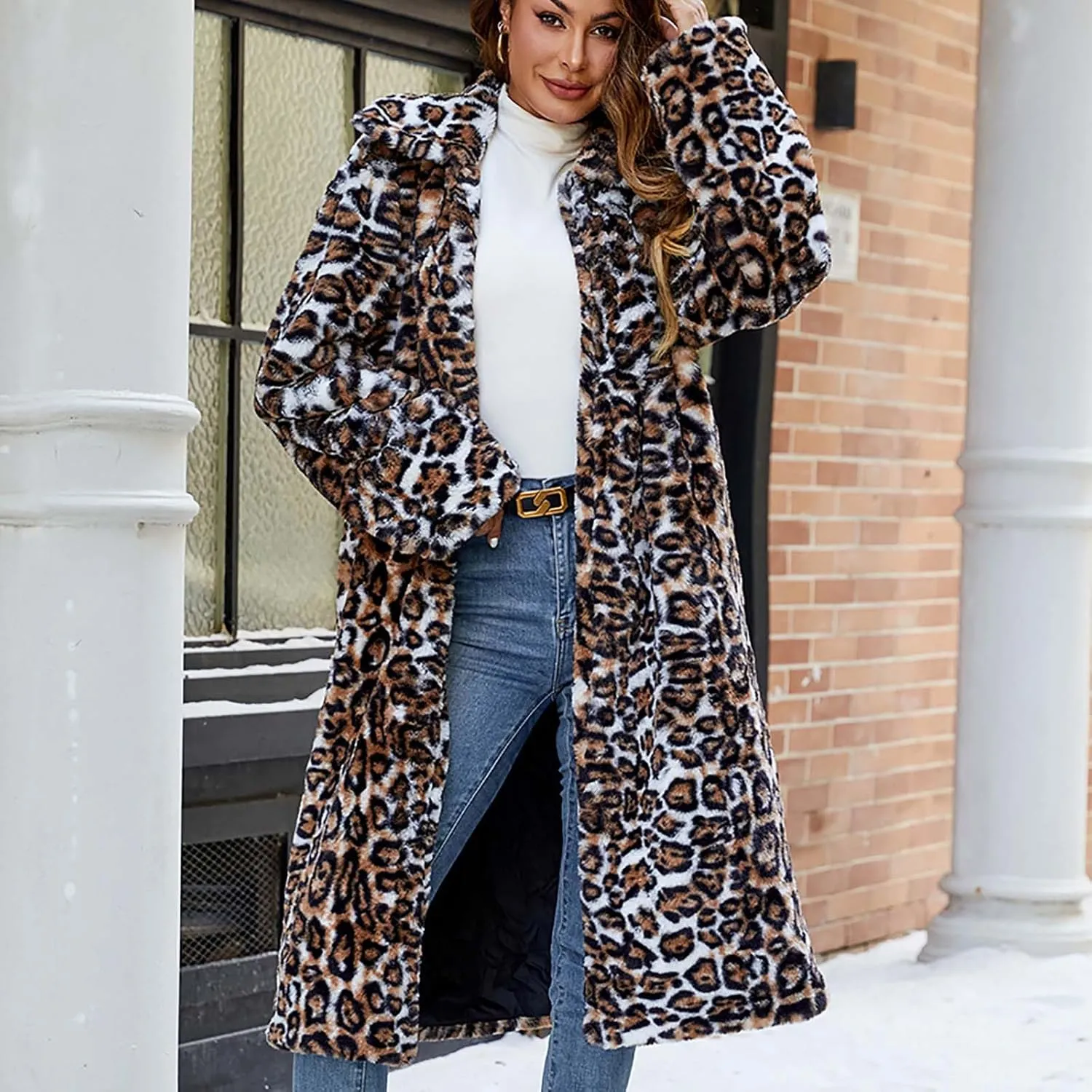 Leopard Print Cardigan for Women Winter Luxury Faux Fur Warm Coats Open Front Long Sleeve Dressy Shaggy Jackets