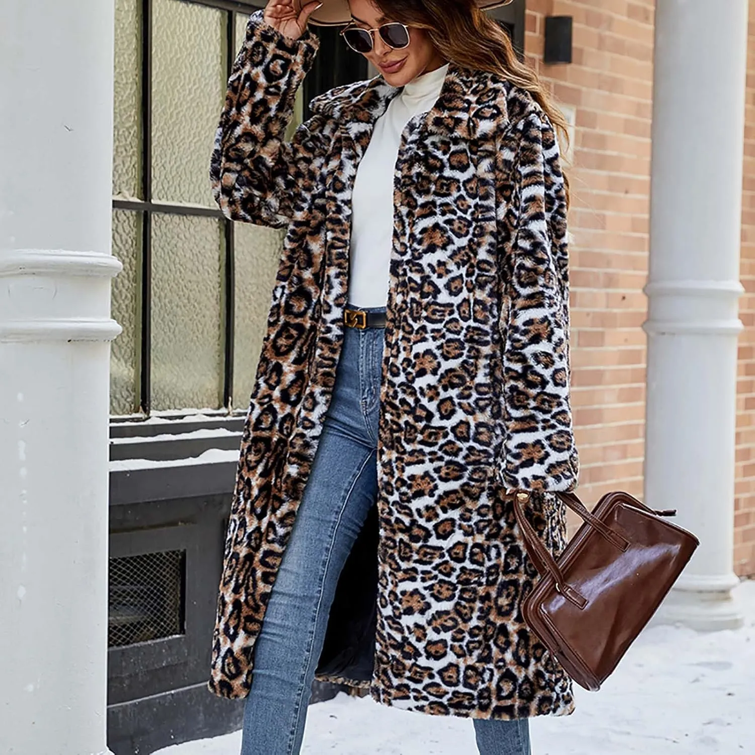 Leopard Print Cardigan for Women Winter Luxury Faux Fur Warm Coats Open Front Long Sleeve Dressy Shaggy Jackets