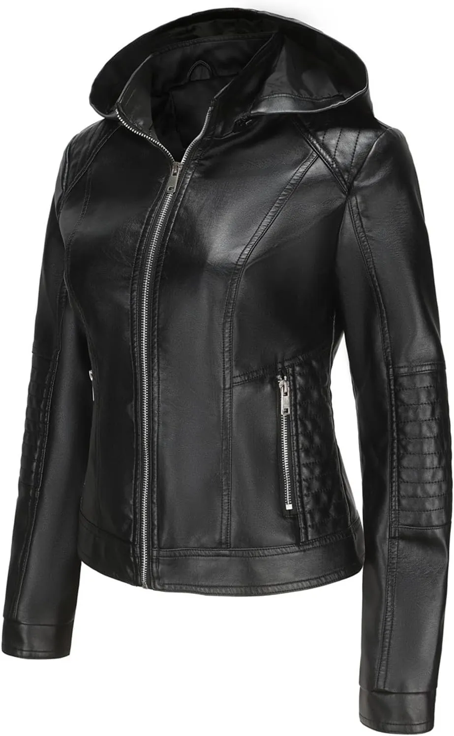 Lmdudan Faux Leather Jacket Women Motorcycle Coat for Biker with Removable Hood Plus Size Zip Up Long Sleeve Outwear Tops