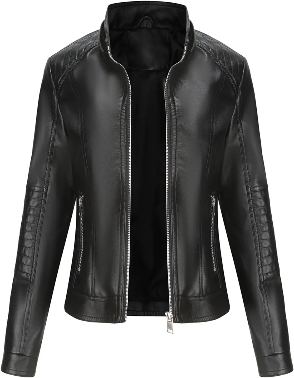Lmdudan Faux Leather Jacket Women Motorcycle Coat for Biker with Removable Hood Plus Size Zip Up Long Sleeve Outwear Tops