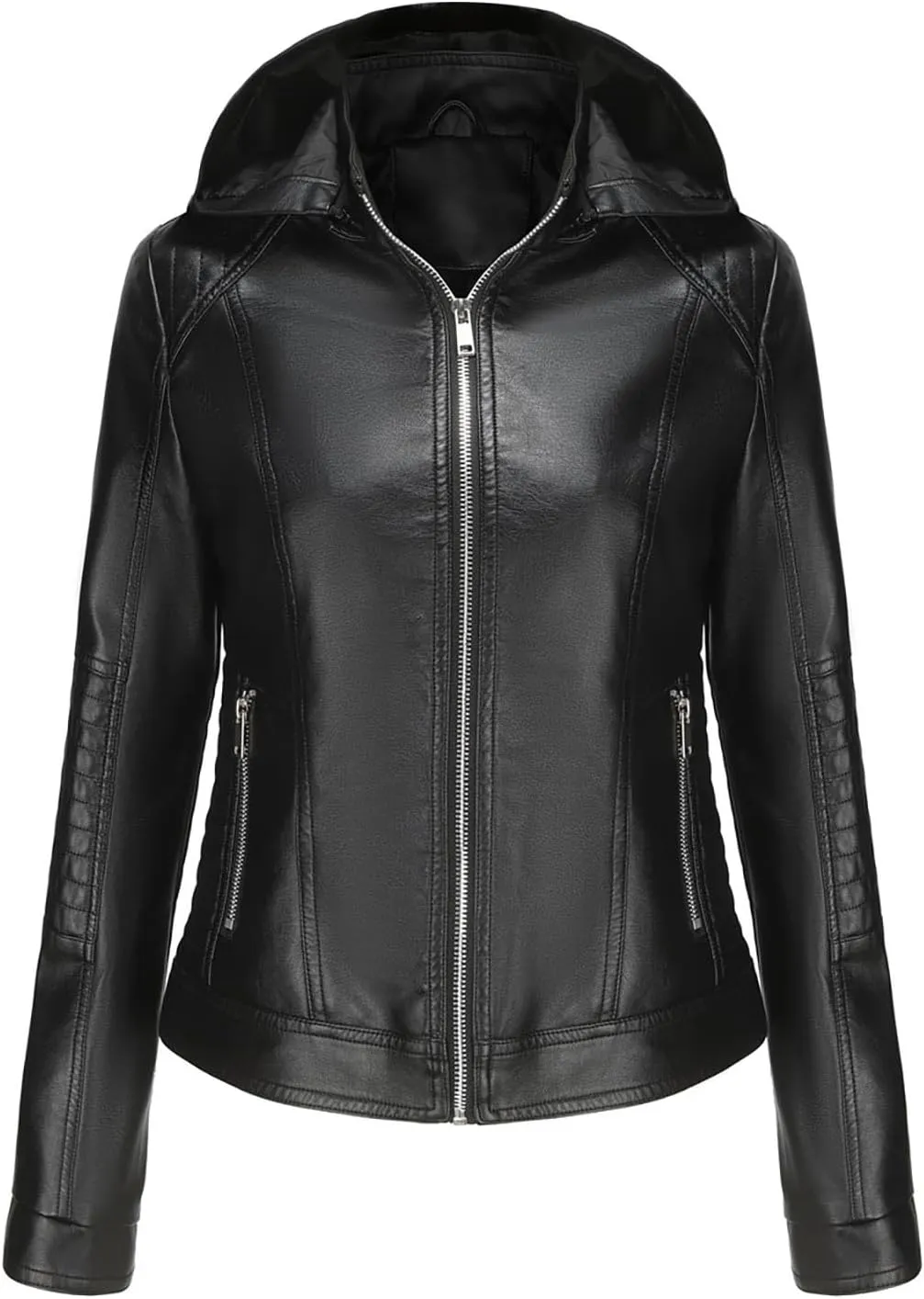 Lmdudan Faux Leather Jacket Women Motorcycle Coat for Biker with Removable Hood Plus Size Zip Up Long Sleeve Outwear Tops