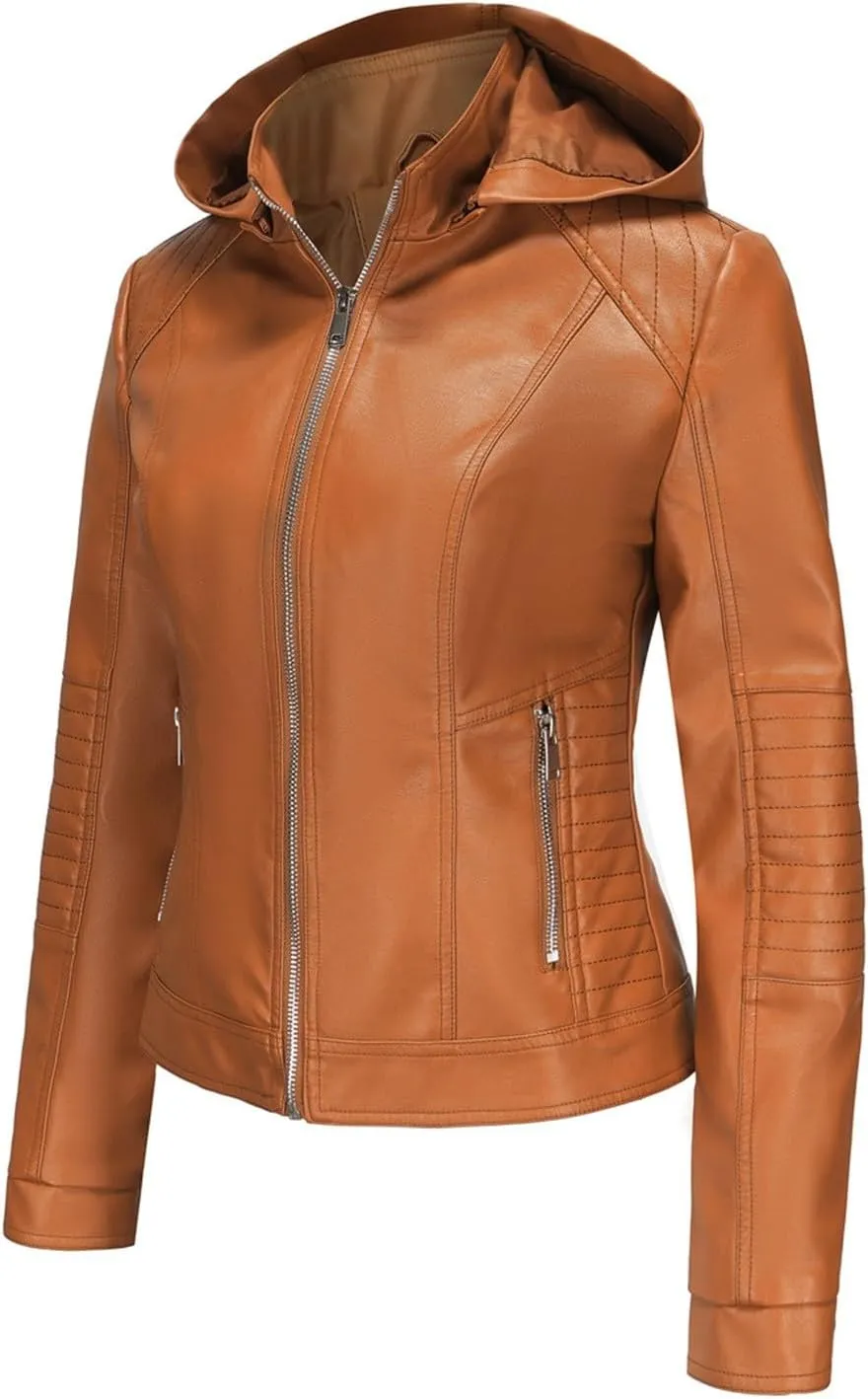 Lmdudan Faux Leather Jacket Women Motorcycle Coat for Biker with Removable Hood Plus Size Zip Up Long Sleeve Outwear Tops