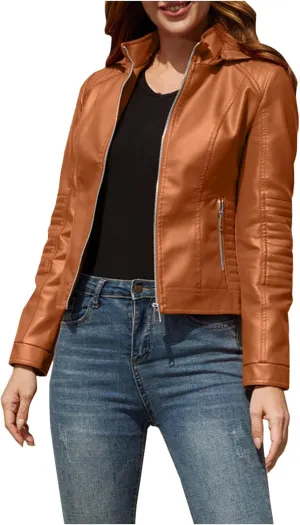 Lmdudan Faux Leather Jacket Women Motorcycle Coat for Biker with Removable Hood Plus Size Zip Up Long Sleeve Outwear Tops