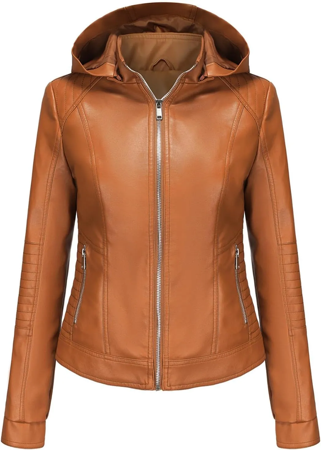 Lmdudan Faux Leather Jacket Women Motorcycle Coat for Biker with Removable Hood Plus Size Zip Up Long Sleeve Outwear Tops