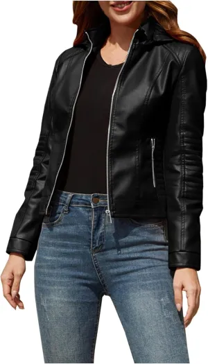 Lmdudan Faux Leather Jacket Women Motorcycle Coat for Biker with Removable Hood Plus Size Zip Up Long Sleeve Outwear Tops
