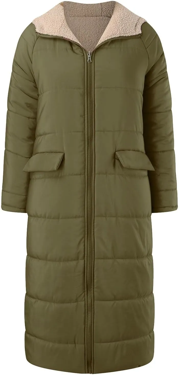Long Fleece Jacket Women Winter Warm Reversible Puffer Coat Sherpa Padded Down Jackets Oversized Hooded Coats with Zipper