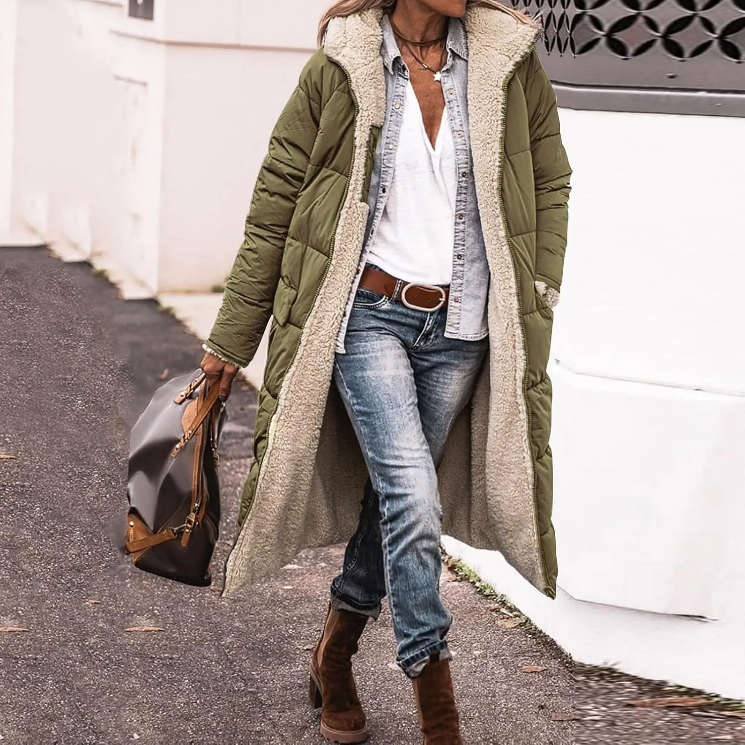 Long Fleece Jacket Women Winter Warm Reversible Puffer Coat Sherpa Padded Down Jackets Oversized Hooded Coats with Zipper