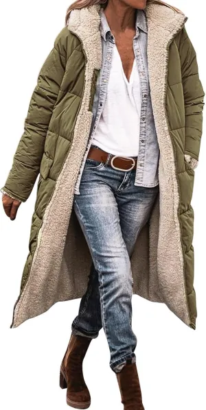 Long Fleece Jacket Women Winter Warm Reversible Puffer Coat Sherpa Padded Down Jackets Oversized Hooded Coats with Zipper