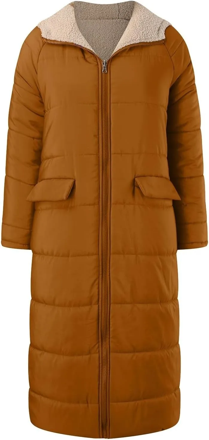 Long Fleece Jacket Women Winter Warm Reversible Puffer Coat Sherpa Padded Down Jackets Oversized Hooded Coats with Zipper