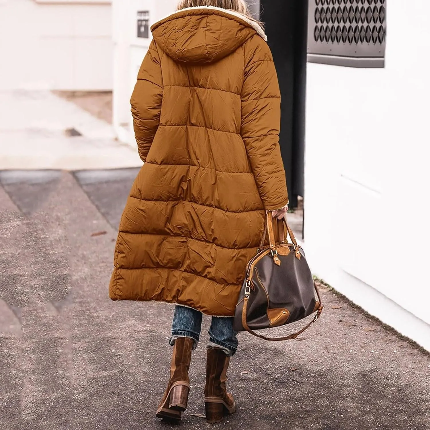 Long Fleece Jacket Women Winter Warm Reversible Puffer Coat Sherpa Padded Down Jackets Oversized Hooded Coats with Zipper