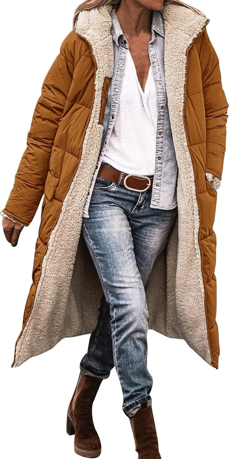 Long Fleece Jacket Women Winter Warm Reversible Puffer Coat Sherpa Padded Down Jackets Oversized Hooded Coats with Zipper