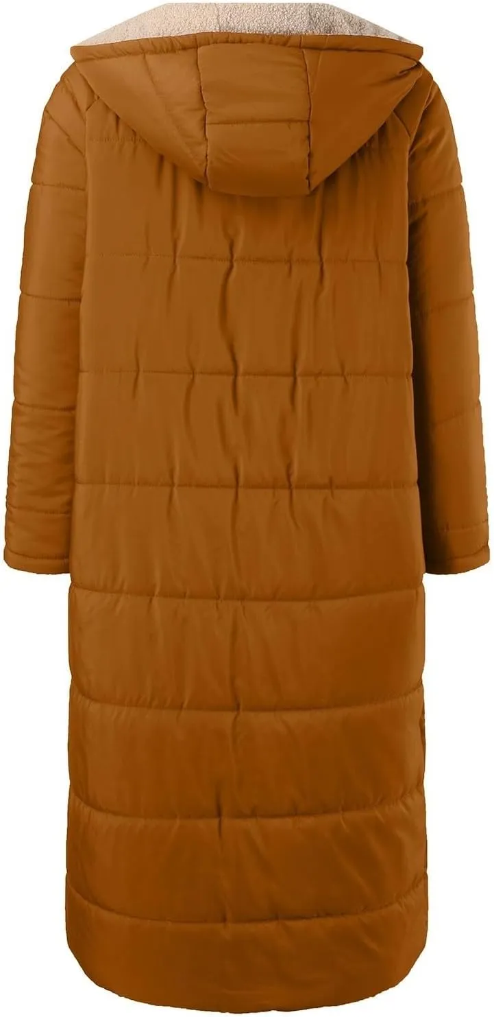 Long Fleece Jacket Women Winter Warm Reversible Puffer Coat Sherpa Padded Down Jackets Oversized Hooded Coats with Zipper