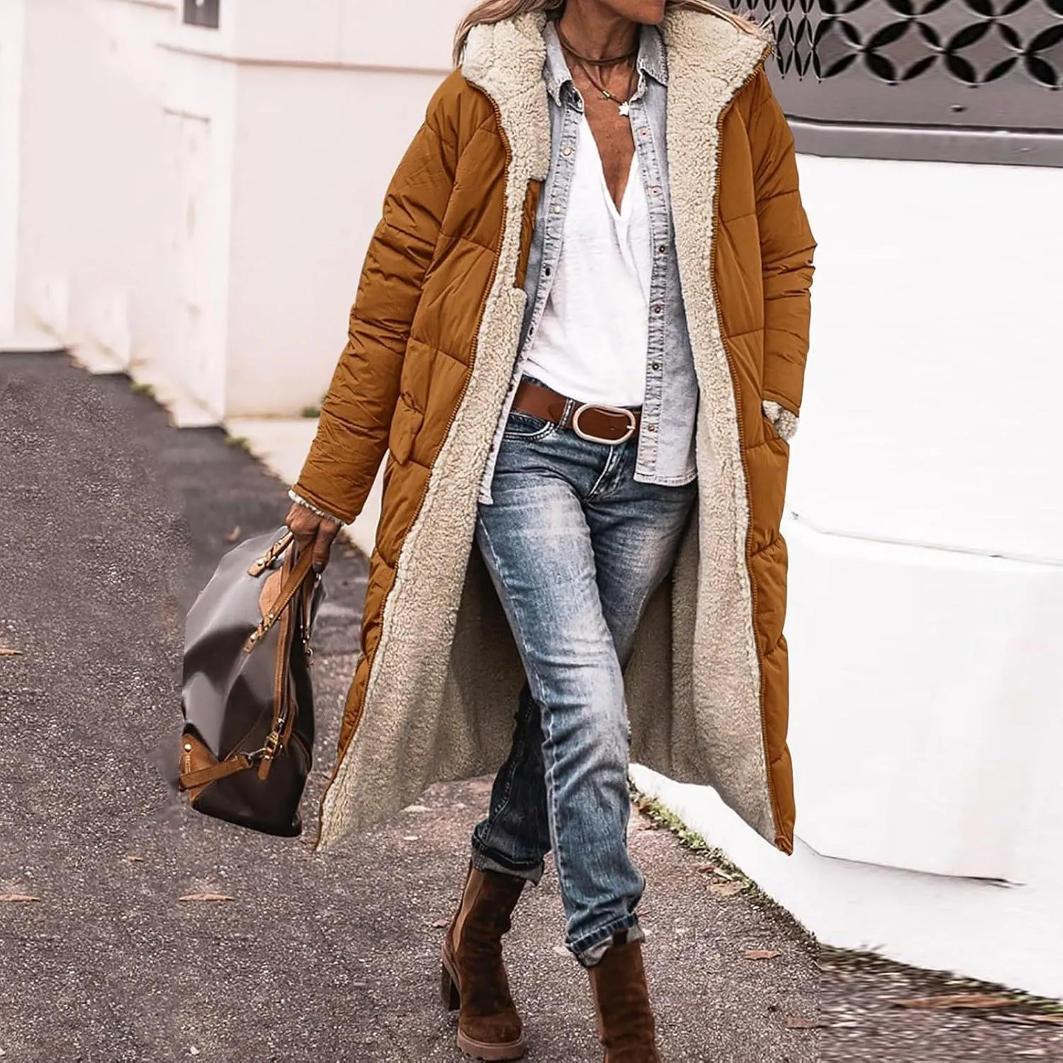 Long Fleece Jacket Women Winter Warm Reversible Puffer Coat Sherpa Padded Down Jackets Oversized Hooded Coats with Zipper