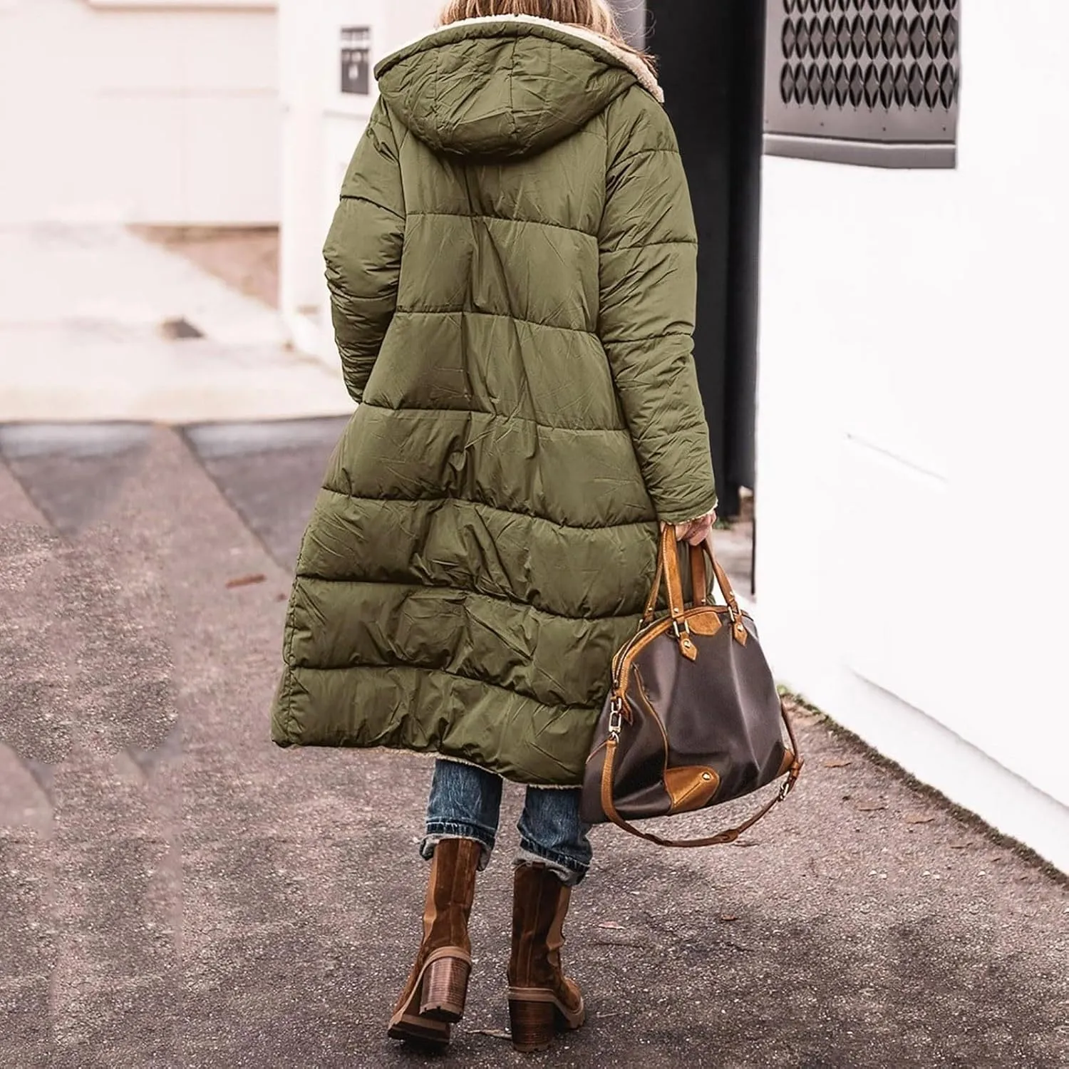 Long Fleece Jacket Women Winter Warm Reversible Puffer Coat Sherpa Padded Down Jackets Oversized Hooded Coats with Zipper
