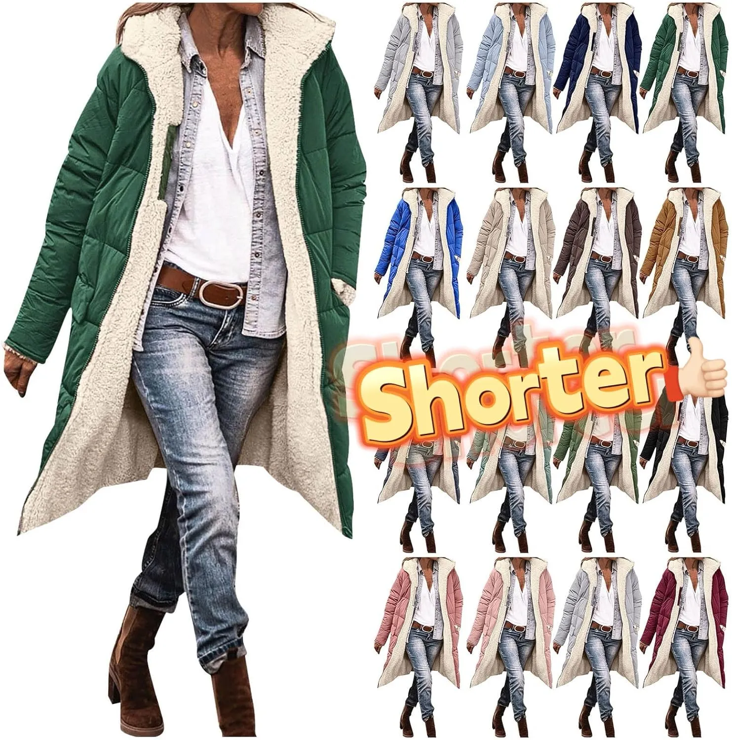 Long Fleece Jacket Women Winter Warm Reversible Puffer Coat Sherpa Padded Down Jackets Oversized Hooded Coats with Zipper