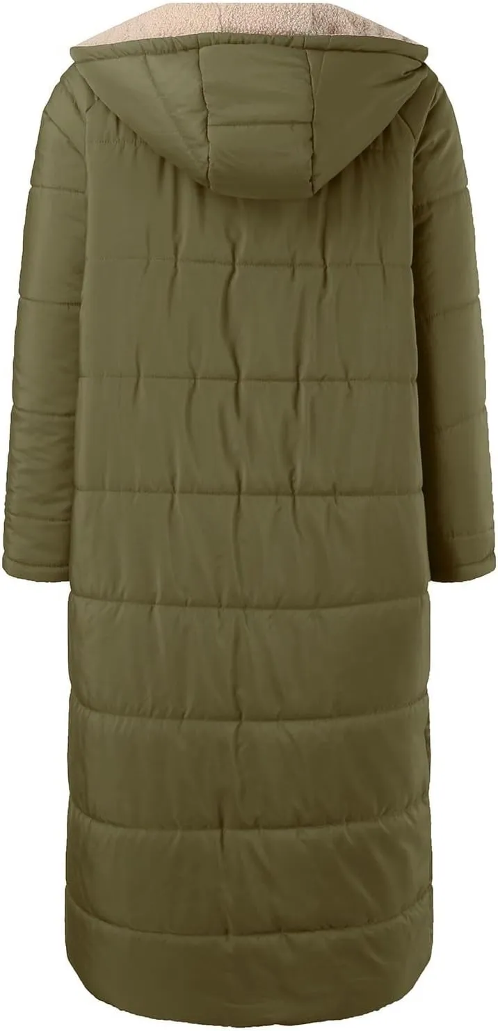 Long Fleece Jacket Women Winter Warm Reversible Puffer Coat Sherpa Padded Down Jackets Oversized Hooded Coats with Zipper