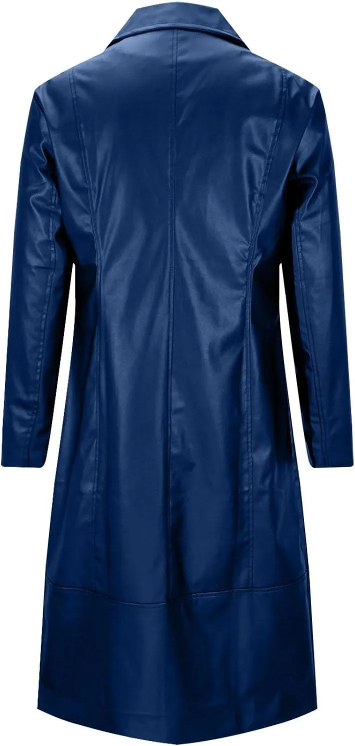 Long Leather Jackets for Men Softshell Lapel Trench Coat Button Down 2024 Fashion Overcoat Leather Windbreaker