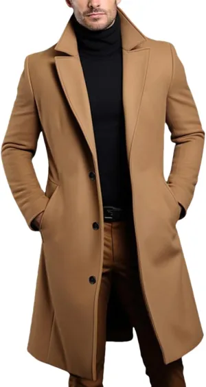 Long Trench Coat Men Fall Winter Single Breasted Wool Blend Coats Overcoat Thermal Business Peacoat Jacket Warm Soft