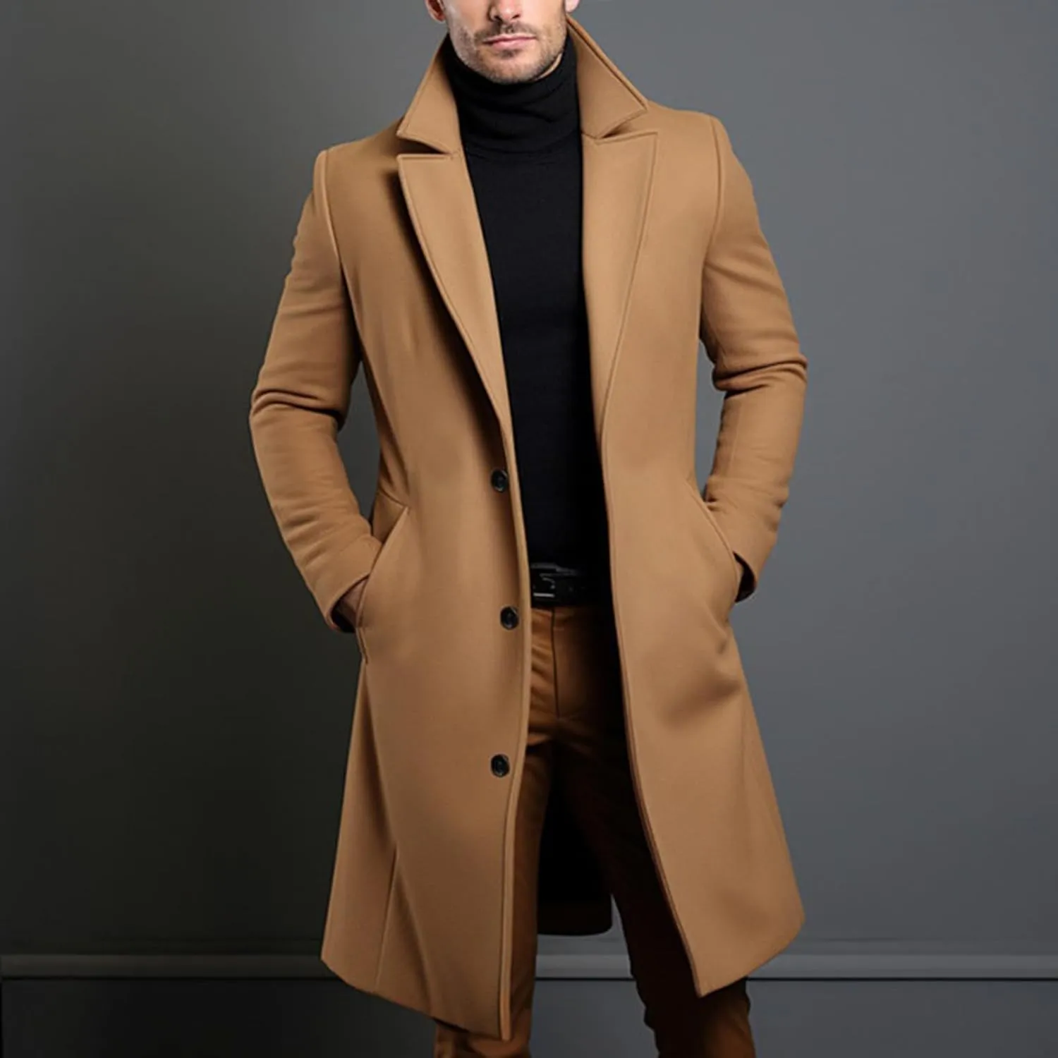 Long Trench Coat Men Fall Winter Single Breasted Wool Blend Coats Overcoat Thermal Business Peacoat Jacket Warm Soft