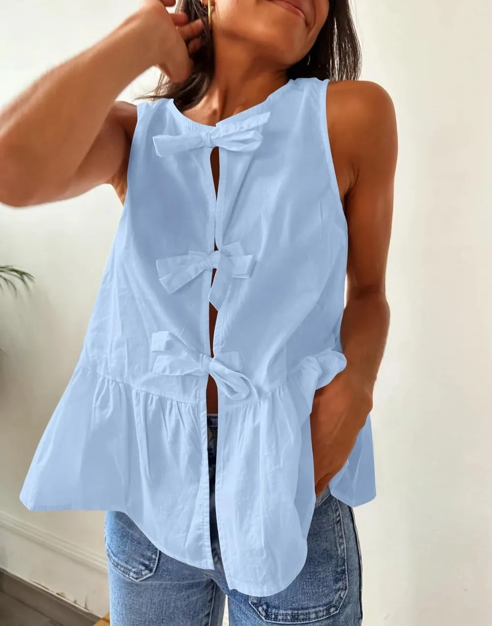 Lordree Women Tie Front Tank Top Sleeveless Ruffled Hem Peplum Top Cute Bow Tie Babydoll Vest Top Summer Streetwear