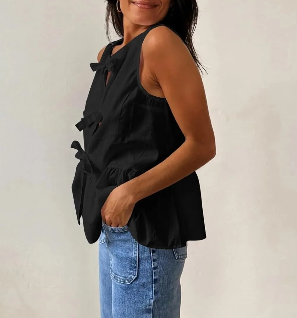 Lordree Women Tie Front Tank Top Sleeveless Ruffled Hem Peplum Top Cute Bow Tie Babydoll Vest Top Summer Streetwear