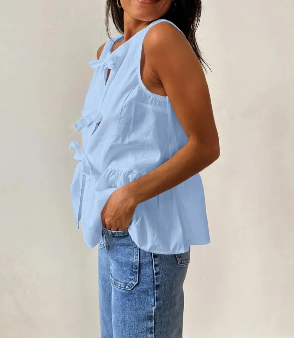 Lordree Women Tie Front Tank Top Sleeveless Ruffled Hem Peplum Top Cute Bow Tie Babydoll Vest Top Summer Streetwear