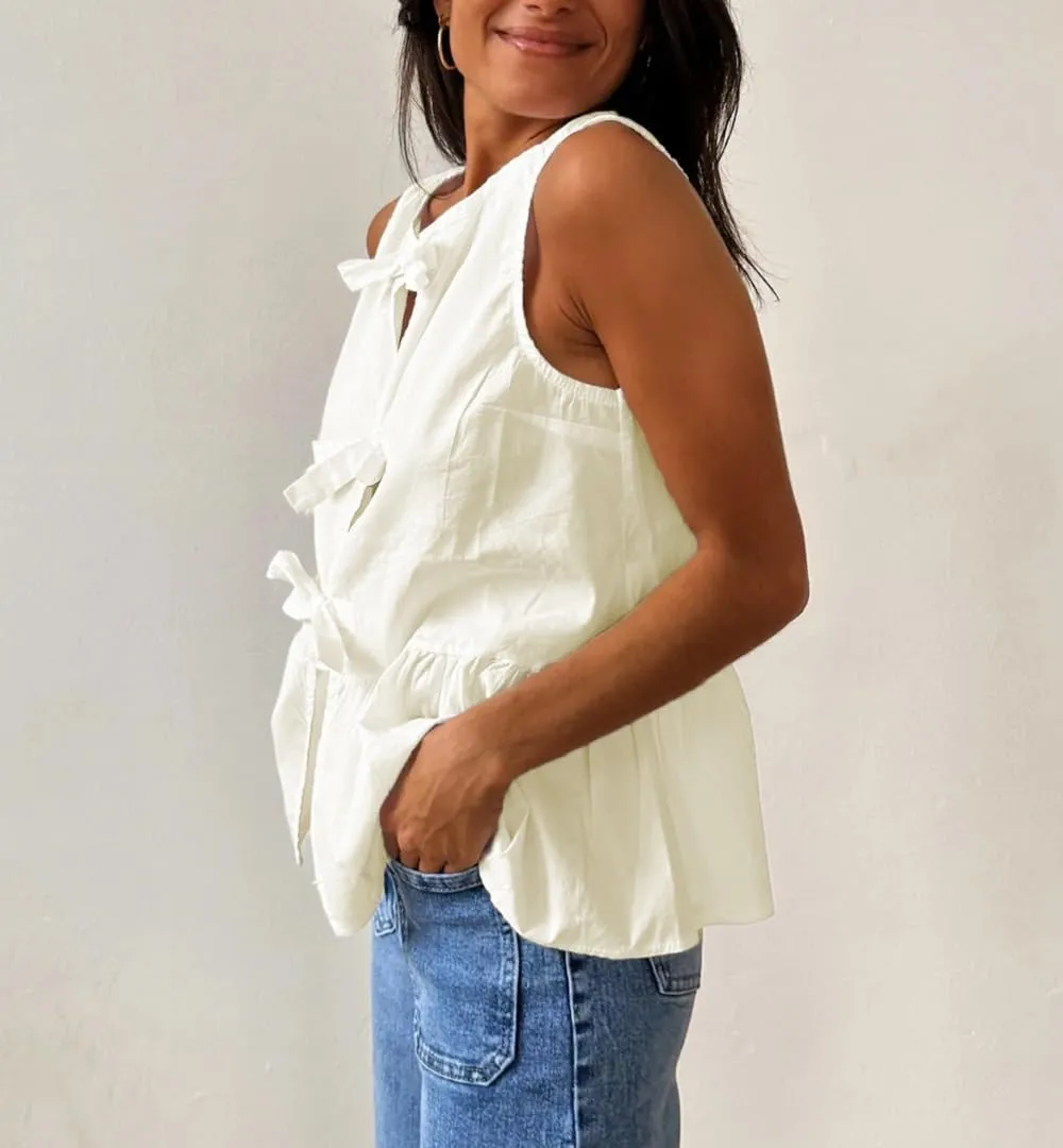 Lordree Women Tie Front Tank Top Sleeveless Ruffled Hem Peplum Top Cute Bow Tie Babydoll Vest Top Summer Streetwear