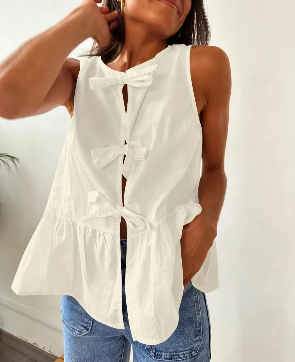 Lordree Women Tie Front Tank Top Sleeveless Ruffled Hem Peplum Top Cute Bow Tie Babydoll Vest Top Summer Streetwear