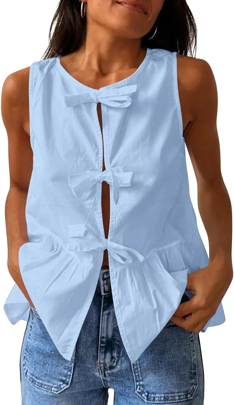 Lordree Women Tie Front Tank Top Sleeveless Ruffled Hem Peplum Top Cute Bow Tie Babydoll Vest Top Summer Streetwear