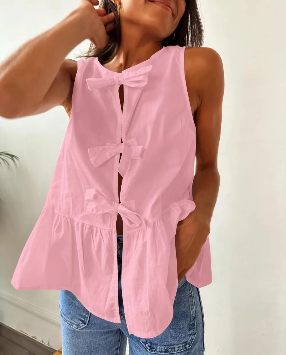 Lordree Women Tie Front Tank Top Sleeveless Ruffled Hem Peplum Top Cute Bow Tie Babydoll Vest Top Summer Streetwear