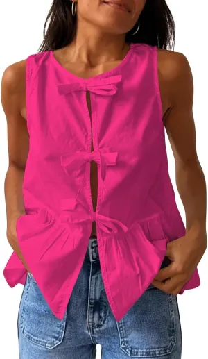 Lordree Women Tie Front Tank Top Sleeveless Ruffled Hem Peplum Top Cute Bow Tie Babydoll Vest Top Summer Streetwear