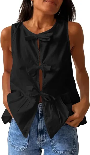 Lordree Women Tie Front Tank Top Sleeveless Ruffled Hem Peplum Top Cute Bow Tie Babydoll Vest Top Summer Streetwear