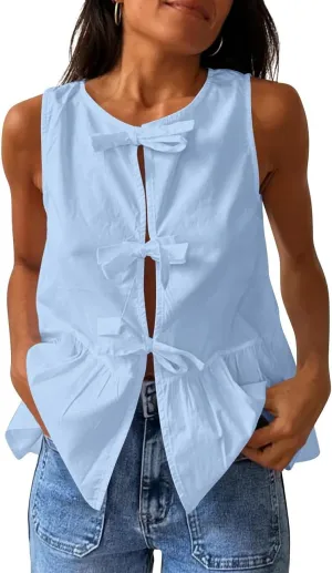 Lordree Women Tie Front Tank Top Sleeveless Ruffled Hem Peplum Top Cute Bow Tie Babydoll Vest Top Summer Streetwear
