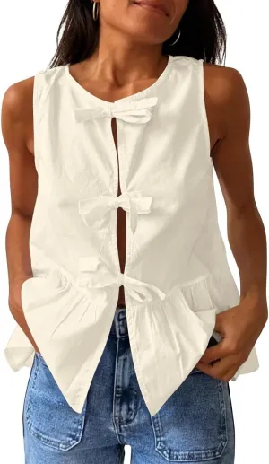 Lordree Women Tie Front Tank Top Sleeveless Ruffled Hem Peplum Top Cute Bow Tie Babydoll Vest Top Summer Streetwear