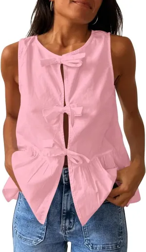 Lordree Women Tie Front Tank Top Sleeveless Ruffled Hem Peplum Top Cute Bow Tie Babydoll Vest Top Summer Streetwear