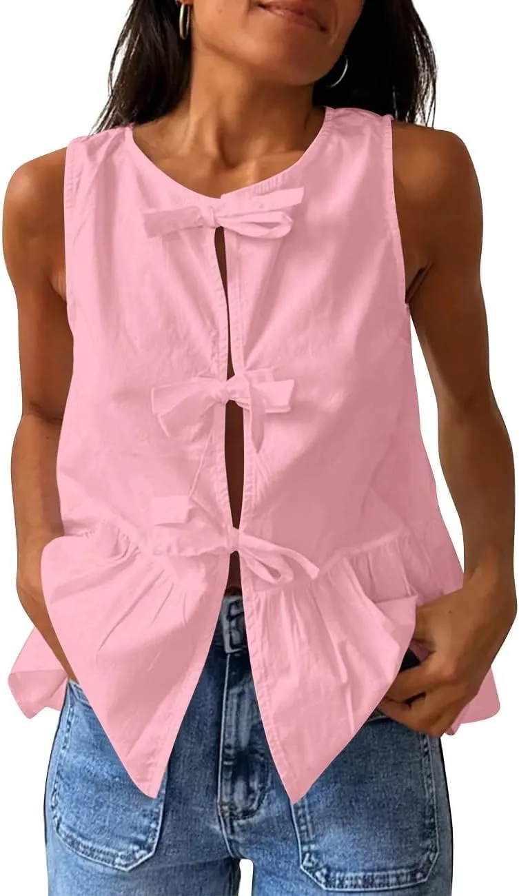 Lordree Women Tie Front Tank Top Sleeveless Ruffled Hem Peplum Top Cute Bow Tie Babydoll Vest Top Summer Streetwear