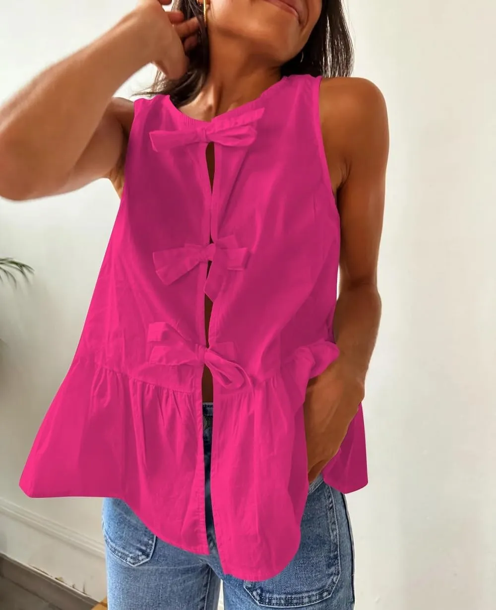 Lordree Women Tie Front Tank Top Sleeveless Ruffled Hem Peplum Top Cute Bow Tie Babydoll Vest Top Summer Streetwear