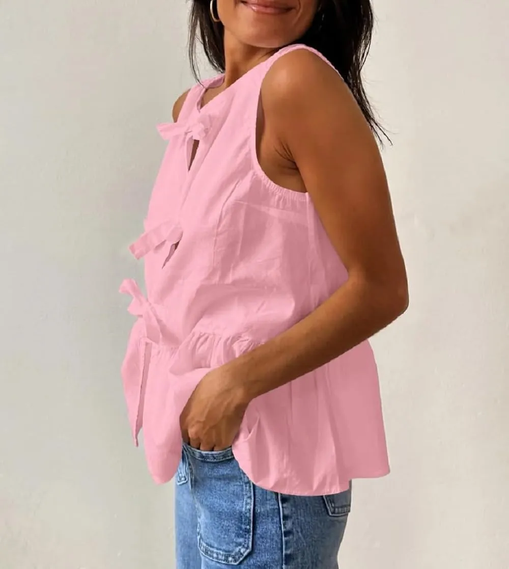 Lordree Women Tie Front Tank Top Sleeveless Ruffled Hem Peplum Top Cute Bow Tie Babydoll Vest Top Summer Streetwear