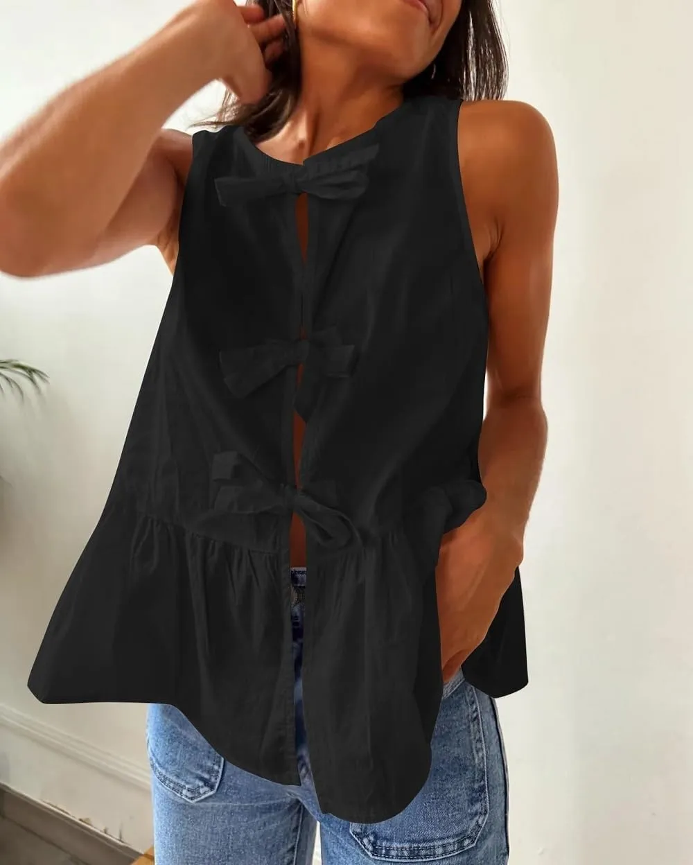 Lordree Women Tie Front Tank Top Sleeveless Ruffled Hem Peplum Top Cute Bow Tie Babydoll Vest Top Summer Streetwear