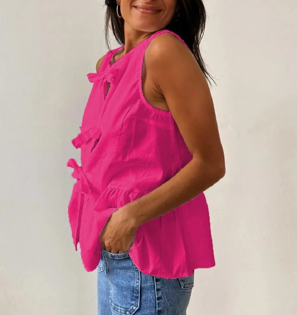 Lordree Women Tie Front Tank Top Sleeveless Ruffled Hem Peplum Top Cute Bow Tie Babydoll Vest Top Summer Streetwear