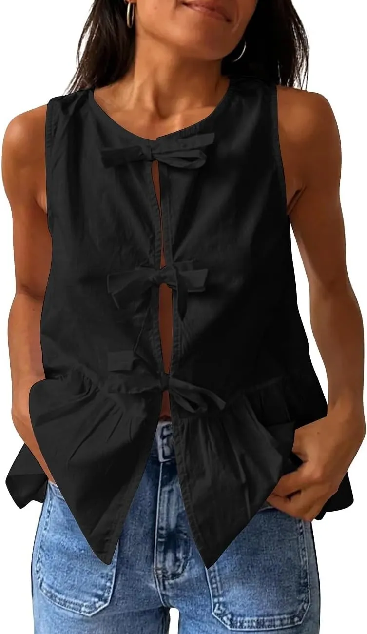 Lordree Women Tie Front Tank Top Sleeveless Ruffled Hem Peplum Top Cute Bow Tie Babydoll Vest Top Summer Streetwear