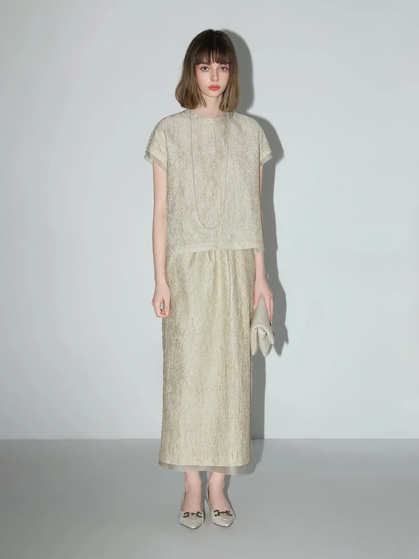 Luxe Contrast Champagne Silk Textured Satin Midi Skirt