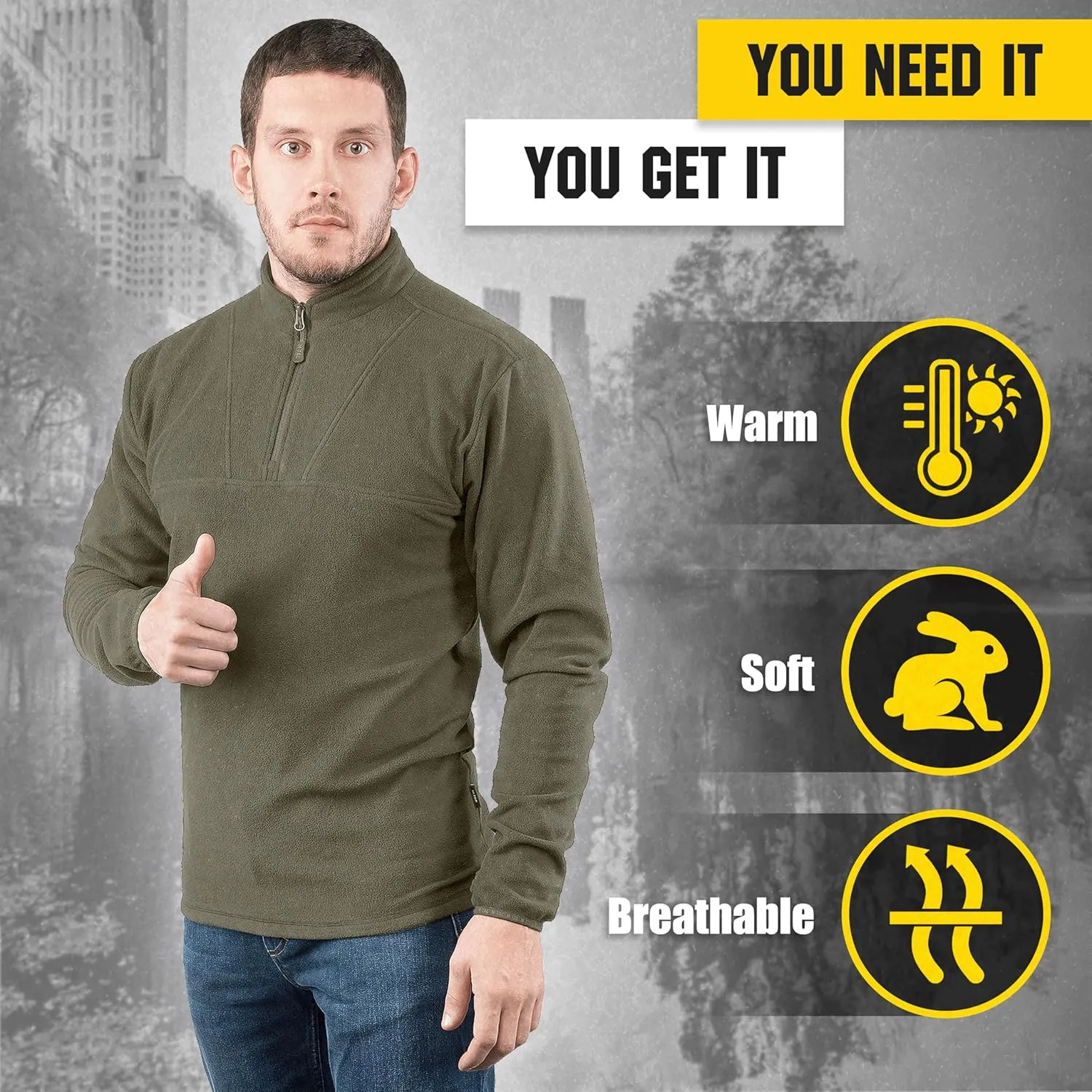 M-Tac Quarter Zip Pullover Men - Fleece Lined Thermal Shirt for Men - Lightweight Tactical Long Sleeve Shirt Top Delta