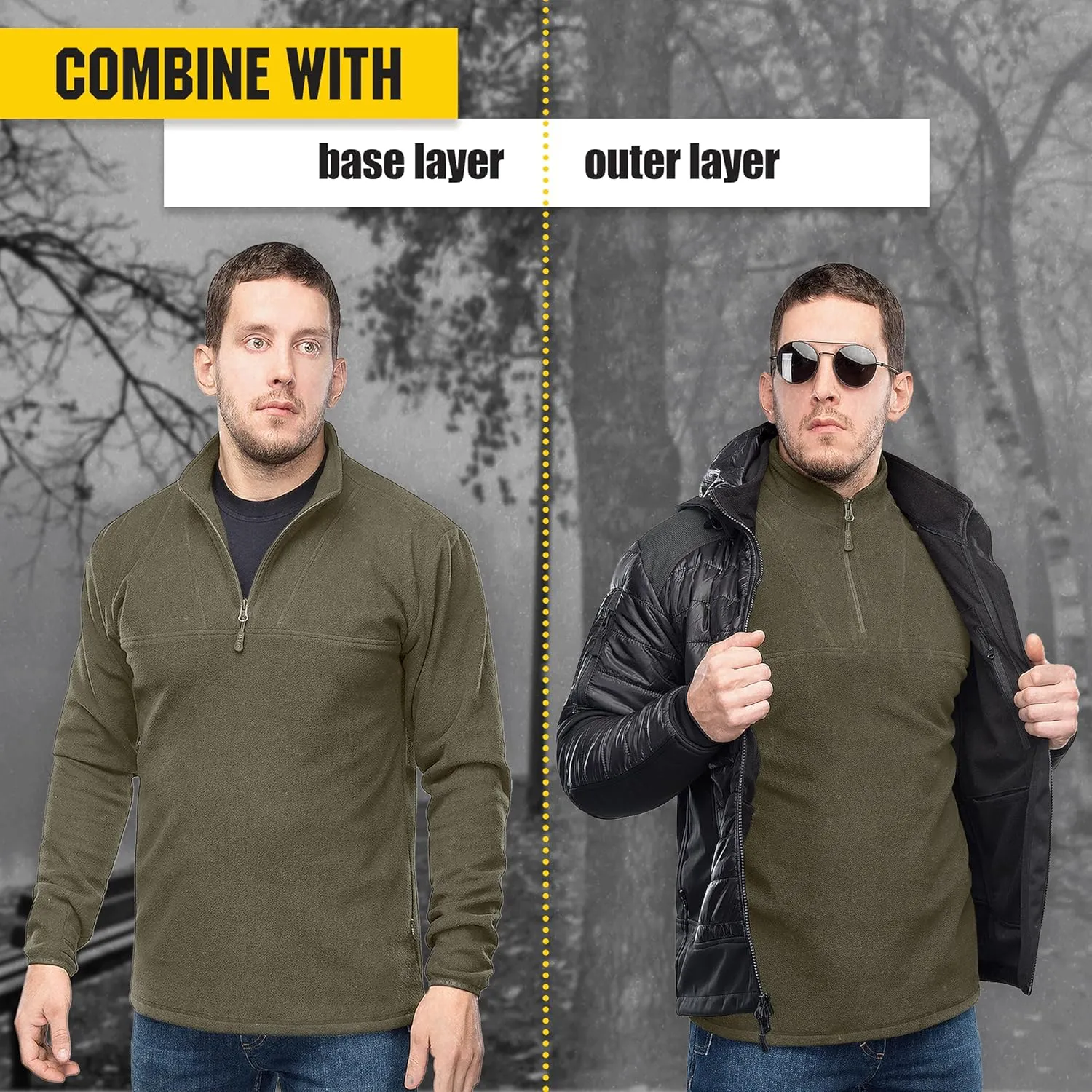 M-Tac Quarter Zip Pullover Men - Fleece Lined Thermal Shirt for Men - Lightweight Tactical Long Sleeve Shirt Top Delta