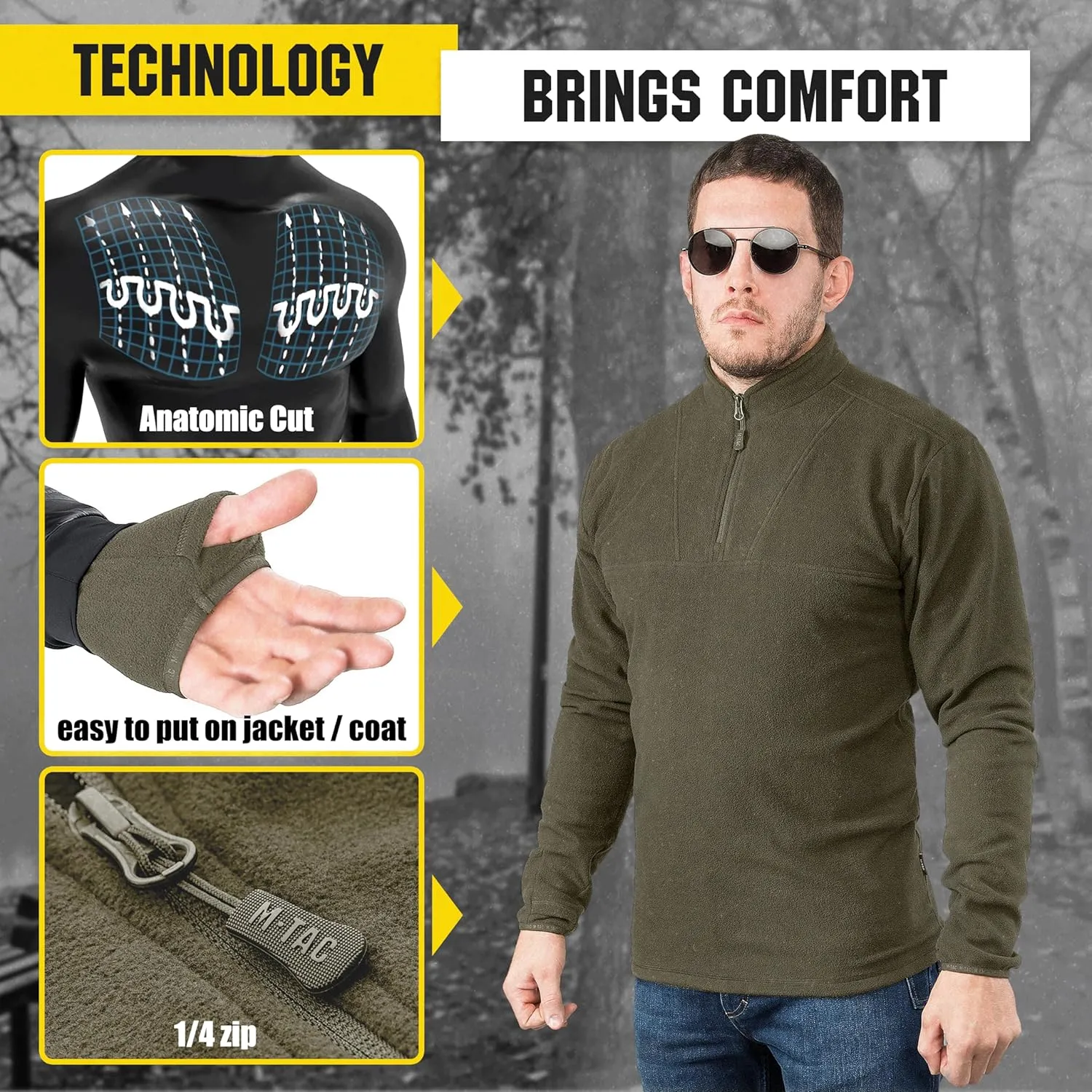M-Tac Quarter Zip Pullover Men - Fleece Lined Thermal Shirt for Men - Lightweight Tactical Long Sleeve Shirt Top Delta