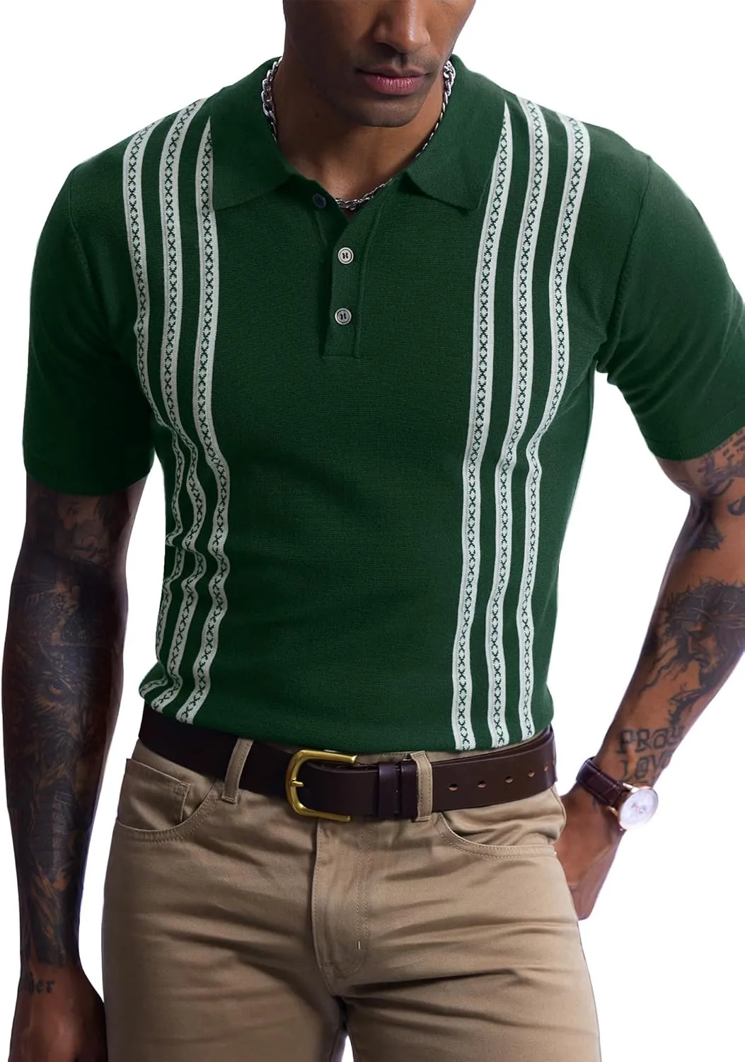 Mainfini Men's Vintage Knit Polo Shirt Casual Button Shirt (S-XXL)